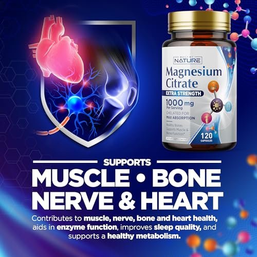 Magnesiumcitrat 1000mg – Hochdosiertes Magnesiumkomplex für Herz, Muskeln, Nerven, Knochen & Stressabbau – Non-GMO, Glutenfrei – 120 vegane Kapseln