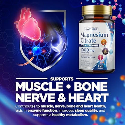 Magnesiumcitrat 1000mg – Hochdosiertes Magnesiumkomplex für Herz, Muskeln, Nerven, Knochen & Stressabbau – Non-GMO, Glutenfrei – 120 vegane Kapseln