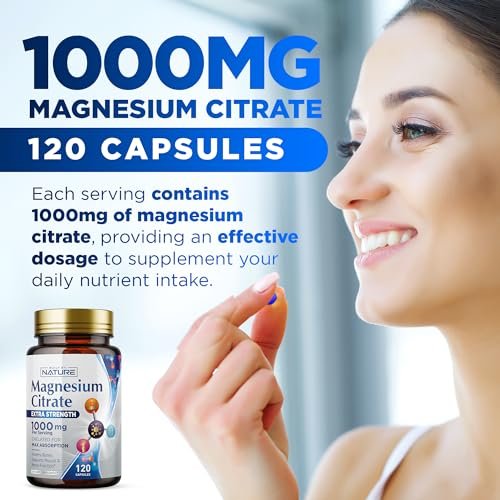 Magnesiumcitrat 1000mg – Hochdosiertes Magnesiumkomplex für Herz, Muskeln, Nerven, Knochen & Stressabbau – Non-GMO, Glutenfrei – 120 vegane Kapseln