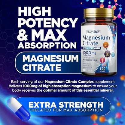 Magnesiumcitrat 1000mg – Hochdosiertes Magnesiumkomplex für Herz, Muskeln, Nerven, Knochen & Stressabbau – Non-GMO, Glutenfrei – 120 vegane Kapseln