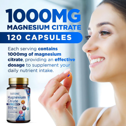 Magnesiumcitrat 1000mg – Hochdosiertes Magnesiumkomplex für Herz, Muskeln, Nerven, Knochen & Stressabbau – Non-GMO, Glutenfrei – 120 vegane Kapseln