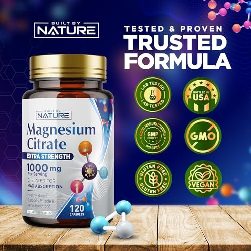 Magnesiumcitrat 1000mg – Hochdosiertes Magnesiumkomplex für Herz, Muskeln, Nerven, Knochen & Stressabbau – Non-GMO, Glutenfrei – 120 vegane Kapseln