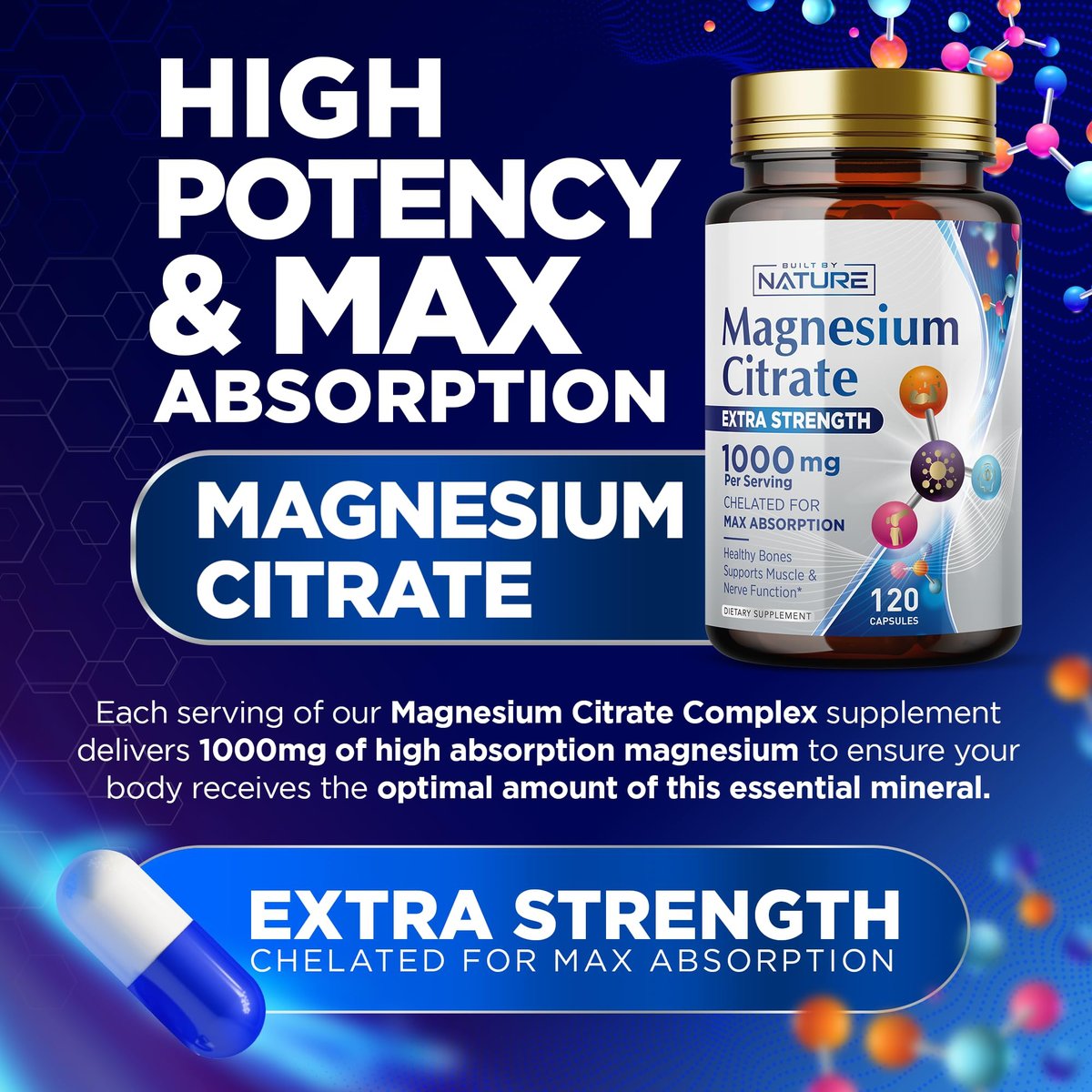 Magnesiumcitrat 1000mg – Hochdosiertes Magnesiumkomplex für Herz, Muskeln, Nerven, Knochen & Stressabbau – Non-GMO, Glutenfrei – 120 vegane Kapseln