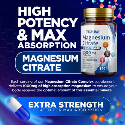 Magnesiumcitrat 1000mg – Hochdosiertes Magnesiumkomplex für Herz, Muskeln, Nerven, Knochen & Stressabbau – Non-GMO, Glutenfrei – 120 vegane Kapseln