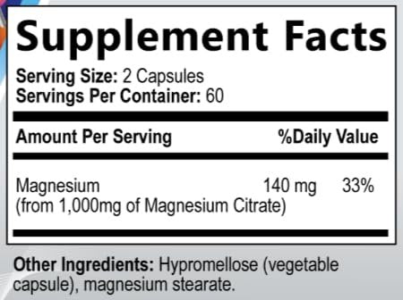 Magnesiumcitrat 1000mg – Hochdosiertes Magnesiumkomplex für Herz, Muskeln, Nerven, Knochen & Stressabbau – Non-GMO, Glutenfrei – 120 vegane Kapseln