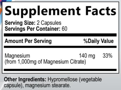 Magnesiumcitrat 1000mg – Hochdosiertes Magnesiumkomplex für Herz, Muskeln, Nerven, Knochen & Stressabbau – Non-GMO, Glutenfrei – 120 vegane Kapseln