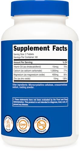 Nutricost Calcium, Magnesium & Zink Tabletten 1.415 mg, 180 Tabletten - Vitamin-/Mineralstoffmischung, 60 Portionen - Glutenfrei, Nicht-GVO