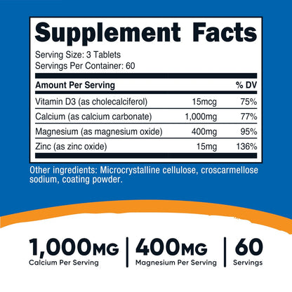Nutricost Calcium, Magnesium & Zink Tabletten 1.415 mg, 180 Tabletten - Vitamin-/Mineralstoffmischung, 60 Portionen - Glutenfrei, Nicht-GVO