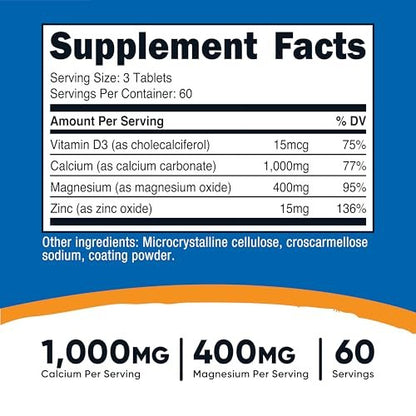 Nutricost Calcium, Magnesium & Zink Tabletten 1.415 mg, 180 Tabletten - Vitamin-/Mineralstoffmischung, 60 Portionen - Glutenfrei, Nicht-GVO