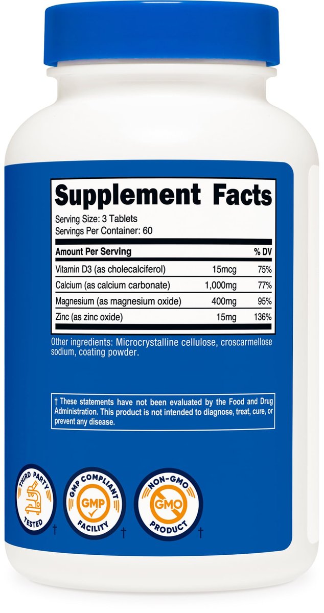 Nutricost Calcium, Magnesium & Zink Tabletten 1.415 mg, 180 Tabletten - Vitamin-/Mineralstoffmischung, 60 Portionen - Glutenfrei, Nicht-GVO