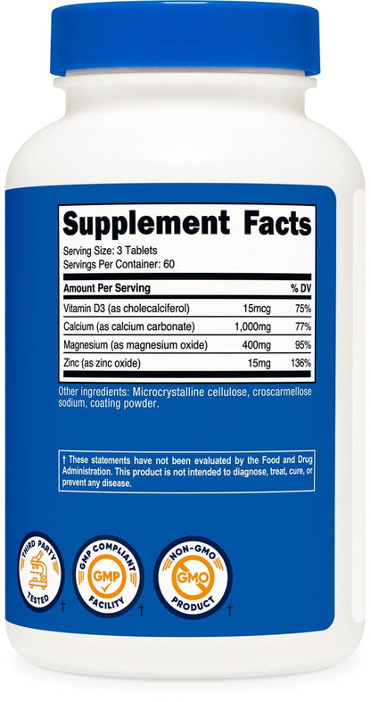 Nutricost Calcium, Magnesium & Zink Tabletten 1.415 mg, 180 Tabletten - Vitamin-/Mineralstoffmischung, 60 Portionen - Glutenfrei, Nicht-GVO