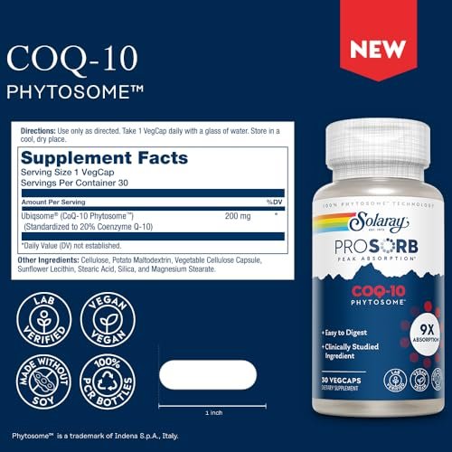 SOLARAY CoQ-10 Phytosome 200mg – 9-fache Absorption, vegane Kapseln ohne Soja, 30 Portionen