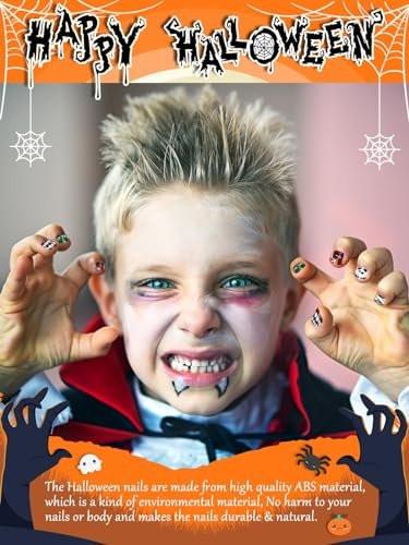 Kalolary 144-teiliges Halloween-Press-on-Nagelset für Kinder – Kurze Acrylfingernägel mit Totenkopf, Spinne, Kürbis, Geister-Motiven, inklusive Kleber