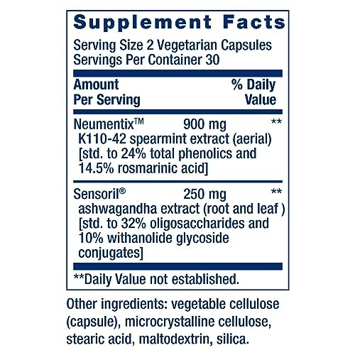 Life Extension Ashwagandha Plus Calm & Focus – Ashwagandha-Extrakt mit Spearmint-Extrakt für Konzentration, Aufmerksamkeit und Entspannung – 60 vegane Kapseln