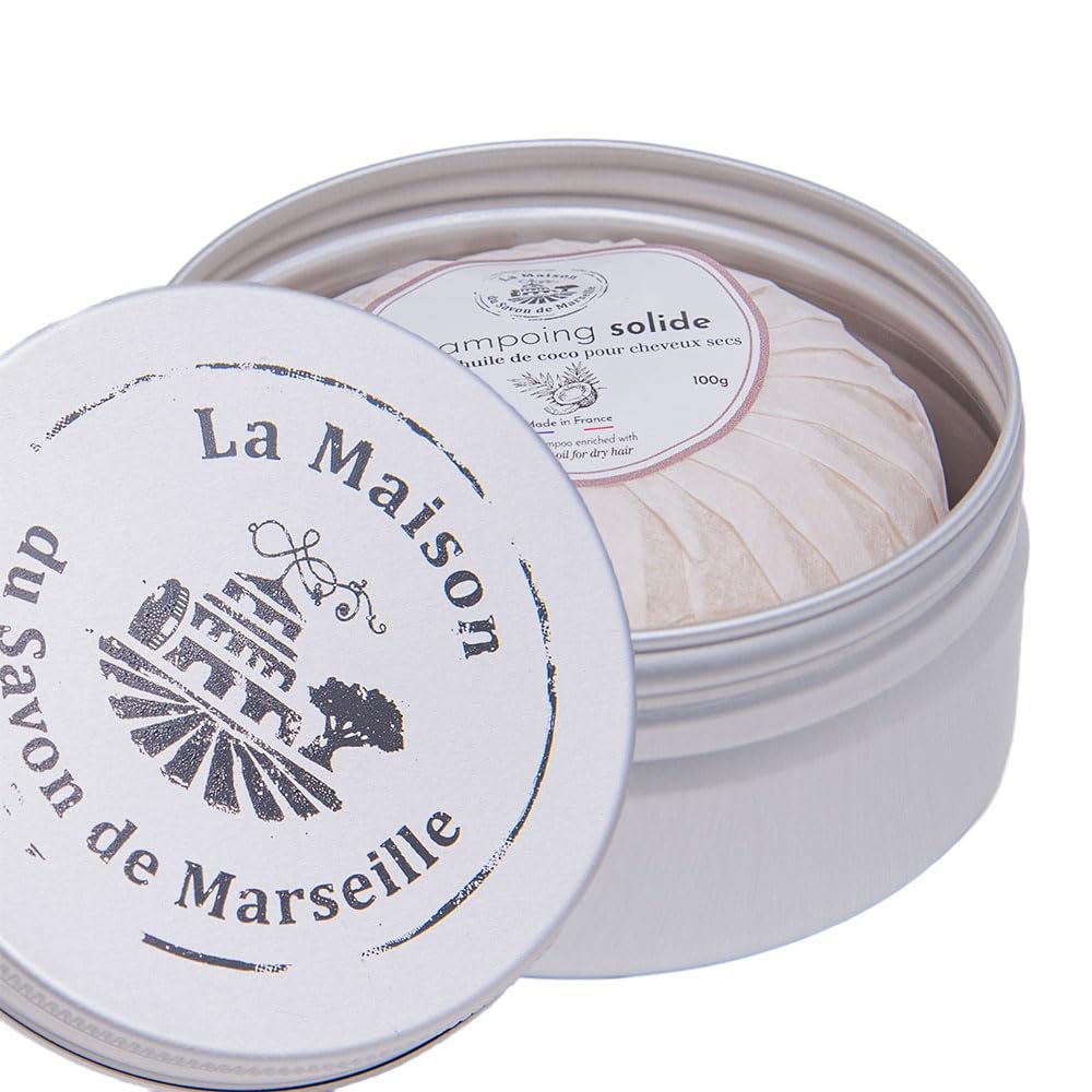 Maison du Savon de Marseille - Fester Shampoo-Bar 100g mit Dosen - Mit Kokosöl für trockenes Haar - Duschaufbewahrung und Reise-Seifenhalter