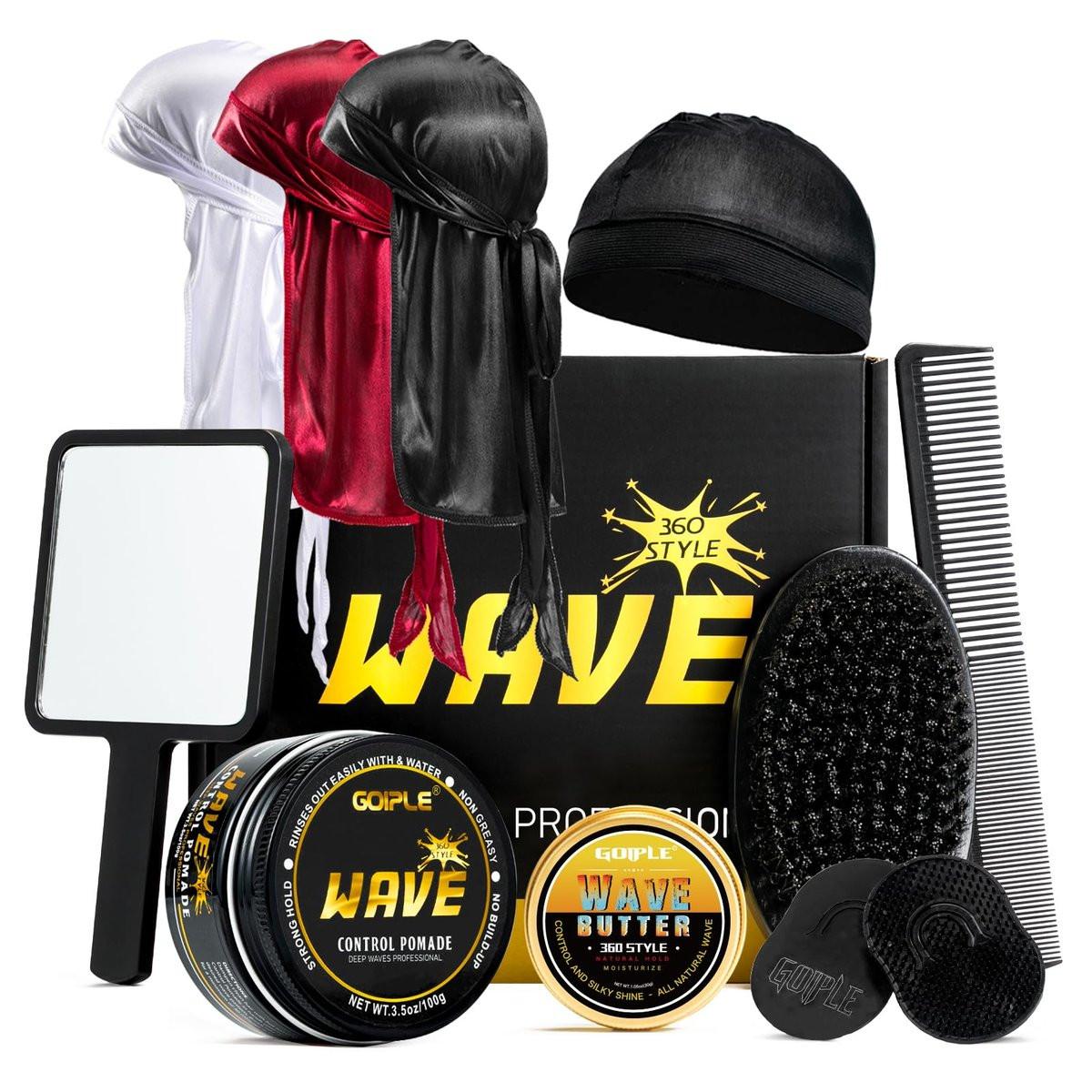 Wave Pomade für Männer – Starker Halt, einfaches Auswaschen, Haarcreme für definierte Wellen, Feuchtigkeit & Glanz, inkl. Bürste und Durag-Set (11er-Pack à 0,32 Unzen)