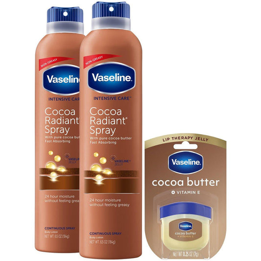 Vaseline Cocoa Radiant Spray Body Lotion 2er-Pack + Mini Lip Therapy für weiche, strahlende Haut & Lippen