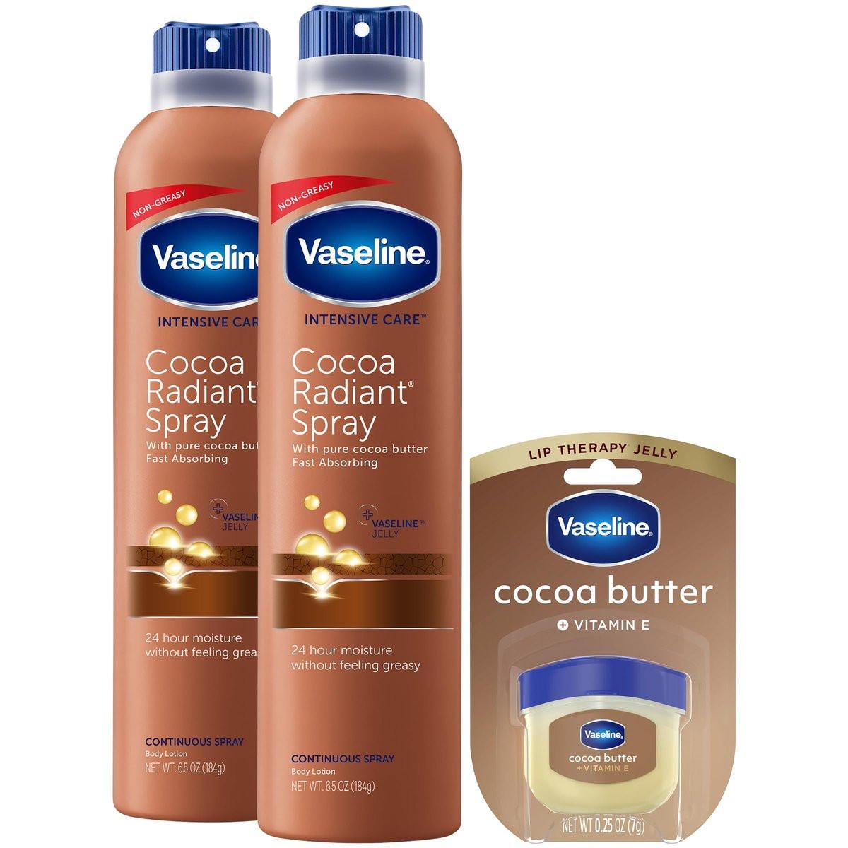 Vaseline Cocoa Radiant Spray Body Lotion 2er-Pack + Mini Lip Therapy für weiche, strahlende Haut & Lippen