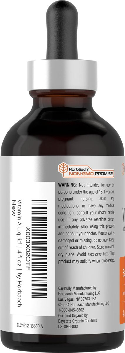 Horbäach Vitamin A Flüssige Tropfen | 118 ml | mit Bio-MCT-Öl | Vegan, Nicht-GVO & Glutenfrei