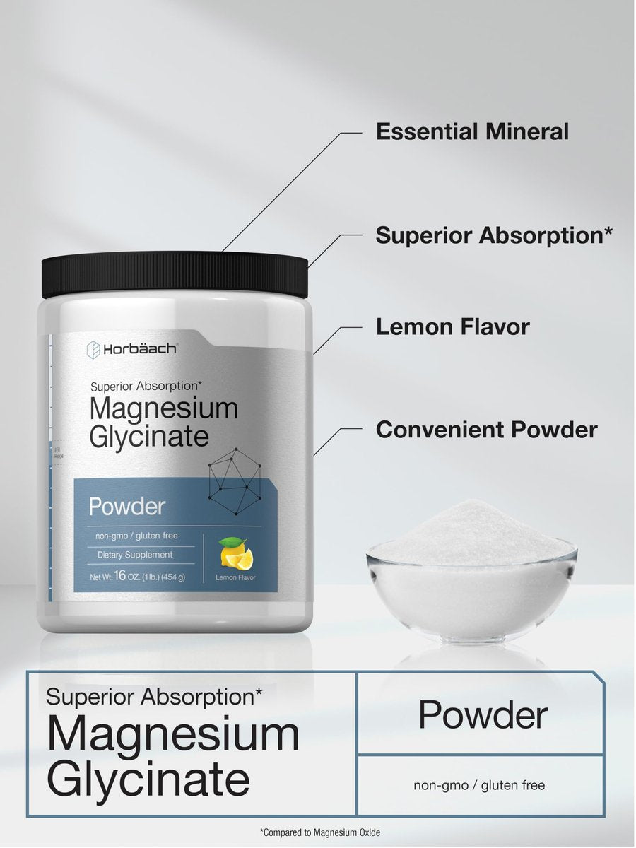 Horbäach Magnesium Glycinat Pulver | 1 lb | Zitronengeschmack | Hervorragende Absorption | Non-GMO & Glutenfrei
