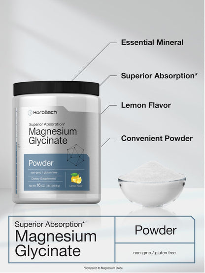 Horbäach Magnesium Glycinat Pulver | 1 lb | Zitronengeschmack | Hervorragende Absorption | Non-GMO & Glutenfrei