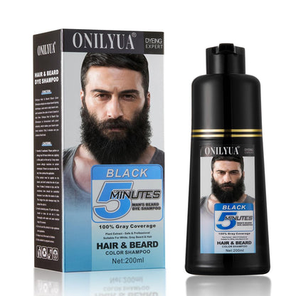 Männer Lang anhaltende schwarze Haarfarbe & Ansatzabdeckung für graue Haare - 5 Minuten natürlicher Bart- und Schnurrbart-Färbeshampoo 3-in-1