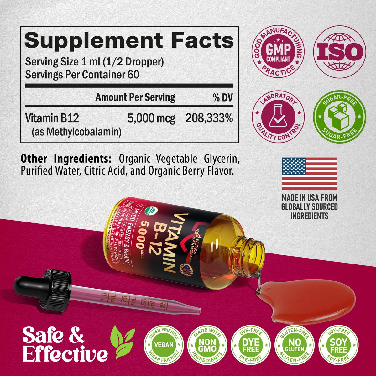USDA Bio Vitamin B12 Sublingual Tropfen – 5000 mcg flüssiges veganes Methylcobalamin für Frauen und Männer – Energie, Fokus, Stimmung und Gehirngesundheit – Maximale Absorption – 2 Monate Vorrat, 60 ml
