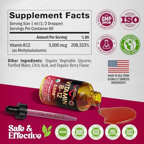 USDA Bio Vitamin B12 Sublingual Tropfen – 5000 mcg flüssiges veganes Methylcobalamin für Frauen und Männer – Energie, Fokus, Stimmung und Gehirngesundheit – Maximale Absorption – 2 Monate Vorrat, 60 ml