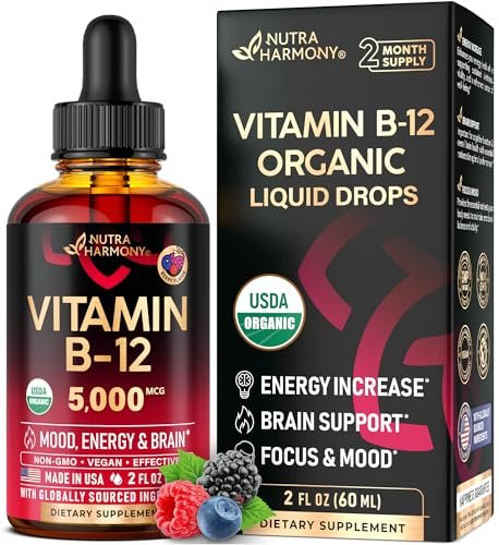 USDA Bio Vitamin B12 Sublingual Tropfen – 5000 mcg flüssiges veganes Methylcobalamin für Frauen und Männer – Energie, Fokus, Stimmung und Gehirngesundheit – Maximale Absorption – 2 Monate Vorrat, 60 ml