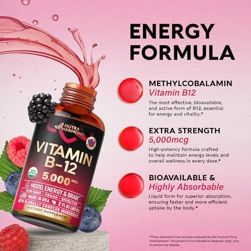 USDA Bio Vitamin B12 Sublingual Tropfen – 5000 mcg flüssiges veganes Methylcobalamin für Frauen und Männer – Energie, Fokus, Stimmung und Gehirngesundheit – Maximale Absorption – 2 Monate Vorrat, 60 ml