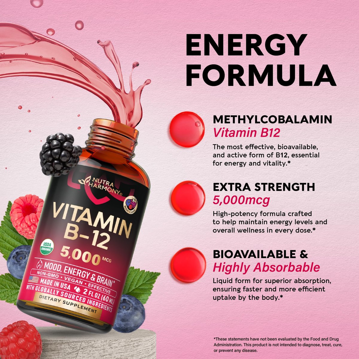 USDA Bio Vitamin B12 Sublingual Tropfen – 5000 mcg flüssiges veganes Methylcobalamin für Frauen und Männer – Energie, Fokus, Stimmung und Gehirngesundheit – Maximale Absorption – 2 Monate Vorrat, 60 ml