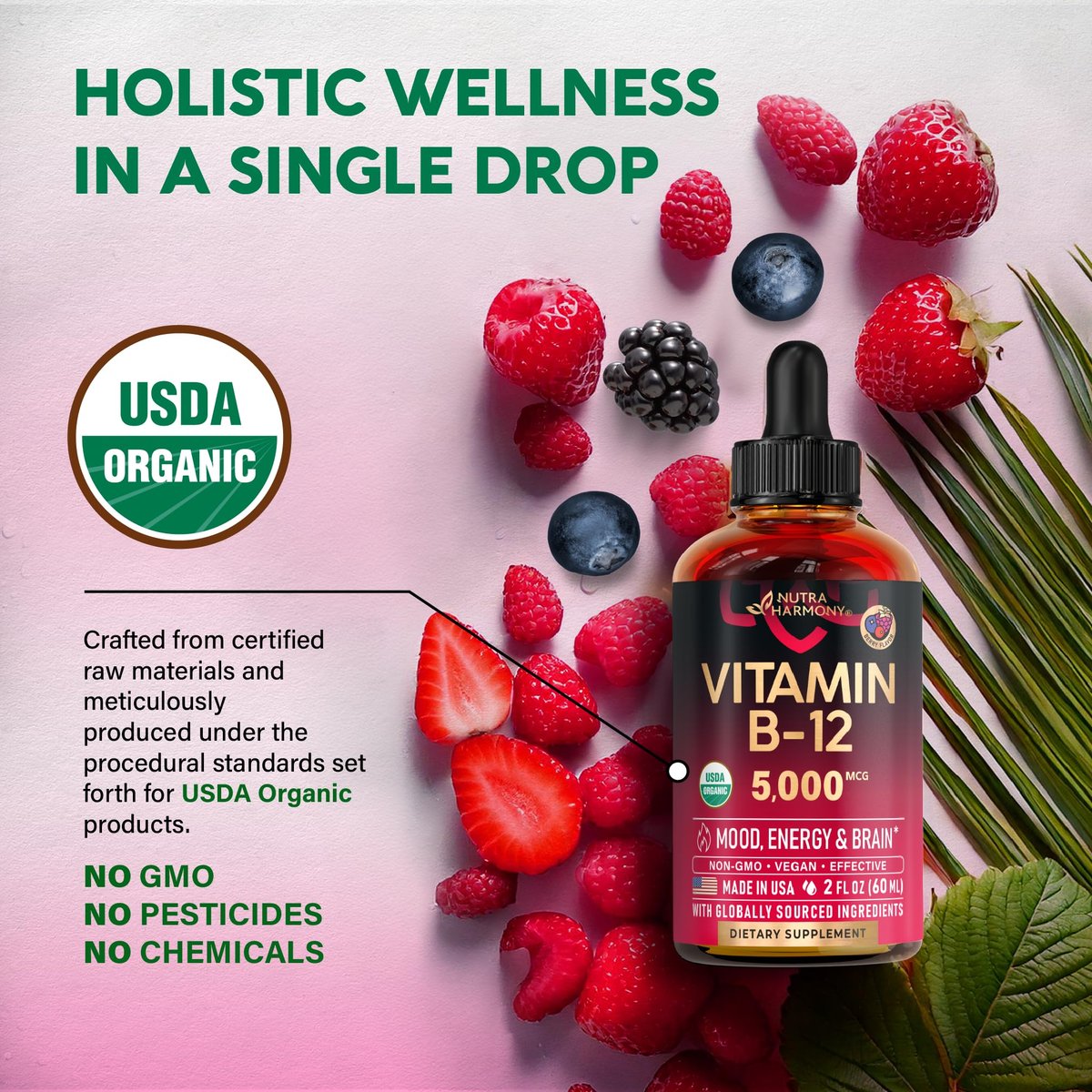 USDA Bio Vitamin B12 Sublingual Tropfen – 5000 mcg flüssiges veganes Methylcobalamin für Frauen und Männer – Energie, Fokus, Stimmung und Gehirngesundheit – Maximale Absorption – 2 Monate Vorrat, 60 ml
