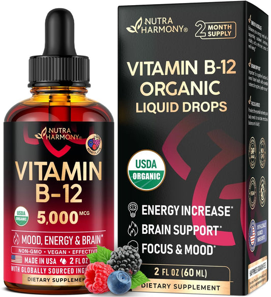 USDA Bio Vitamin B12 Sublingual Tropfen – 5000 mcg flüssiges veganes Methylcobalamin für Frauen und Männer – Energie, Fokus, Stimmung und Gehirngesundheit – Maximale Absorption – 2 Monate Vorrat, 60 ml