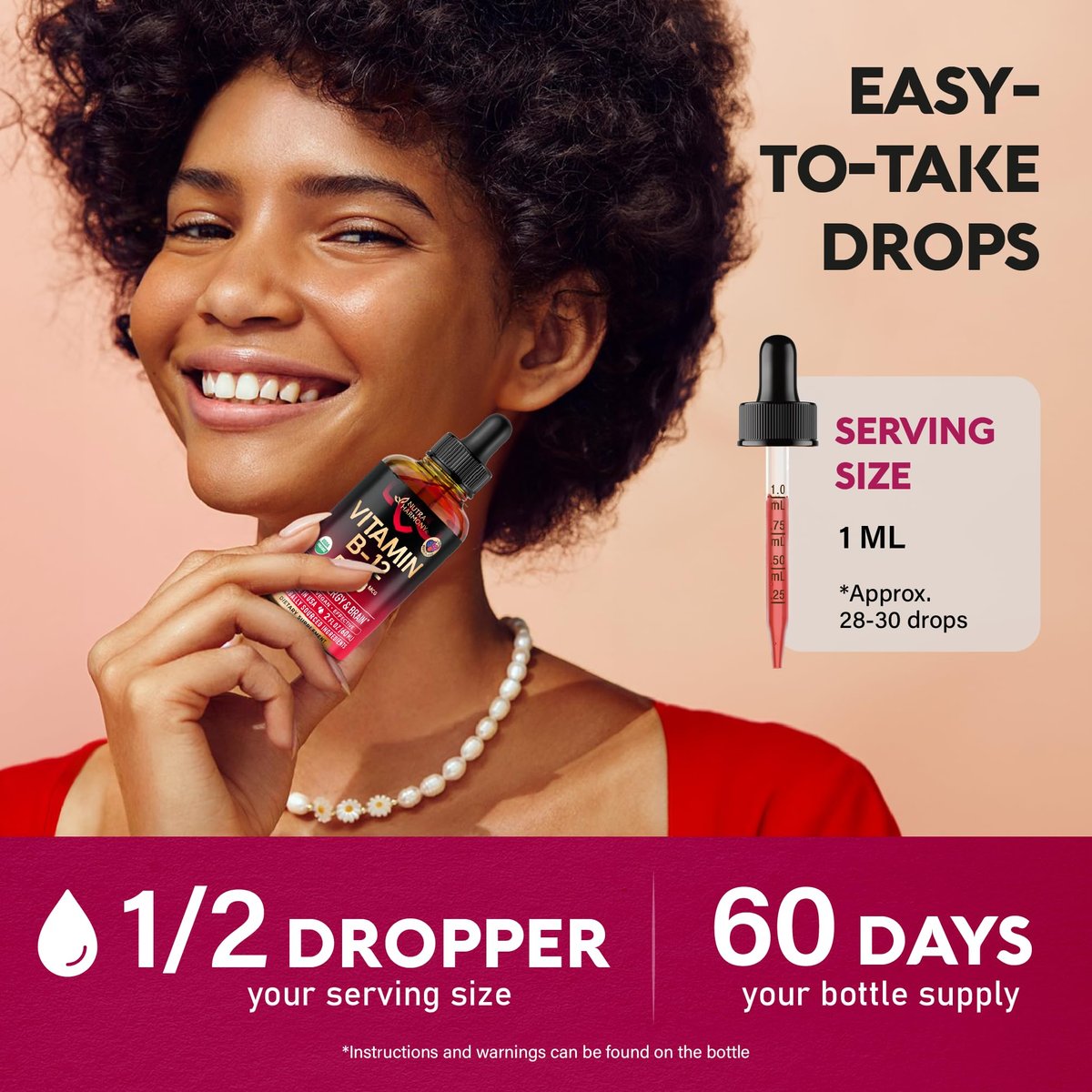 USDA Bio Vitamin B12 Sublingual Tropfen – 5000 mcg flüssiges veganes Methylcobalamin für Frauen und Männer – Energie, Fokus, Stimmung und Gehirngesundheit – Maximale Absorption – 2 Monate Vorrat, 60 ml