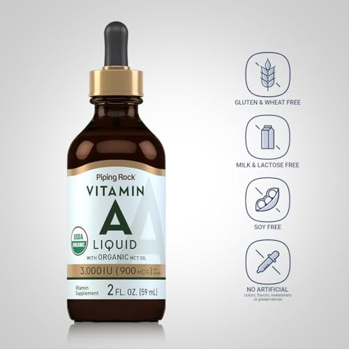 Piping Rock Vitamin-A-Liquid-Tropfen | 60 ml | mit biologischem MCT-Öl | Nicht-GVO, glutenfrei