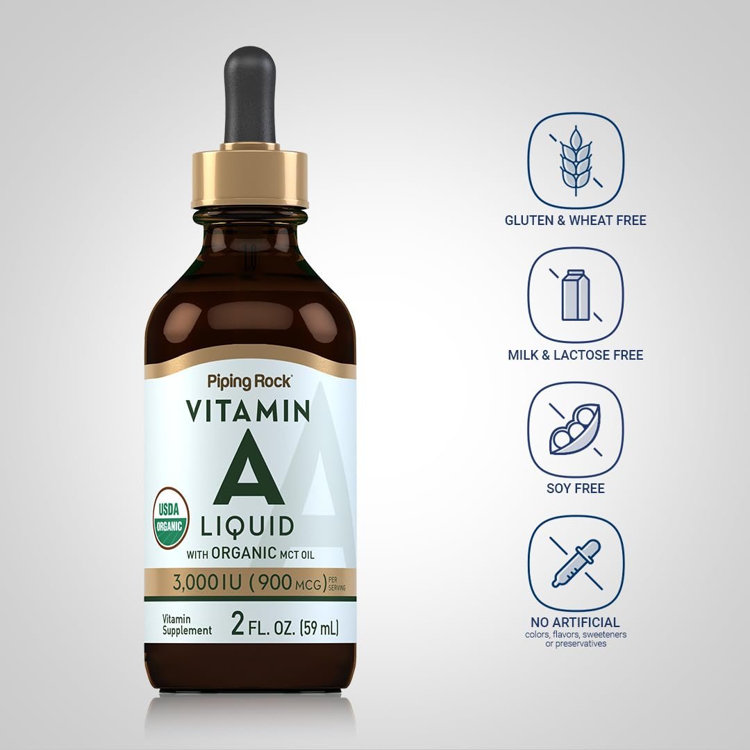 Piping Rock Vitamin-A-Liquid-Tropfen | 60 ml | mit biologischem MCT-Öl | Nicht-GVO, glutenfrei