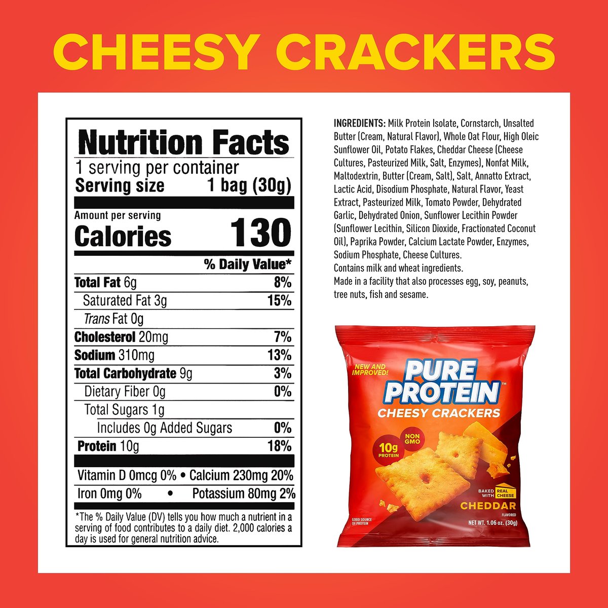 Pure Protein Käse-Cracker mit Cheddar-Geschmack, High Protein Snack, 10 g Protein, 30 g (Packung mit 12)