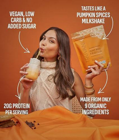 Truvani Veganes Erbsenproteinpulver | Kürbisgewürz | 20g Bio-Pflanzenprotein | 1 Portion | Keto | Gluten- & laktosefrei | Low Carb | Ohne Zuckerzusatz