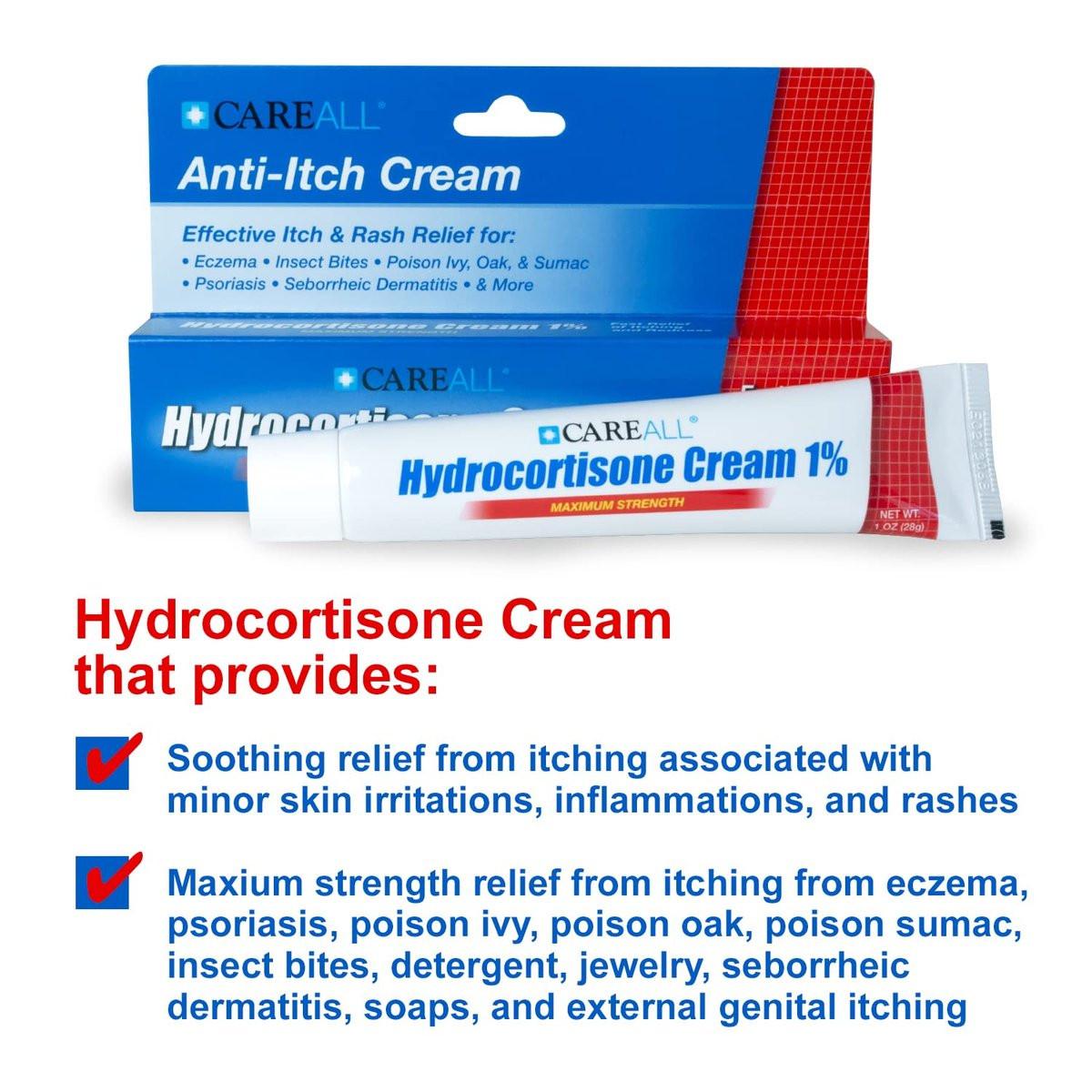 CareAll Hydrocortison 1% Creme, 28g Tube (4er-Pack) - Maximale Stärke gegen Juckreiz und Rötungen bei Insektenstichen, Ekzemen, Psoriasis, Giftefeu, Gifteiche und Giftsumach