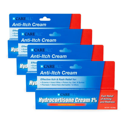 CareAll Hydrocortison 1% Creme, 28g Tube (4er-Pack) - Maximale Stärke gegen Juckreiz und Rötungen bei Insektenstichen, Ekzemen, Psoriasis, Giftefeu, Gifteiche und Giftsumach