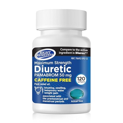 RIGHT REMEDIES Maximum Stärke Koffeinfreies Diuretikum Weichkapseln (120 Stück), Pamabrom 50mg, Hilft Schweregefühl durch Wassergewicht zu lindern