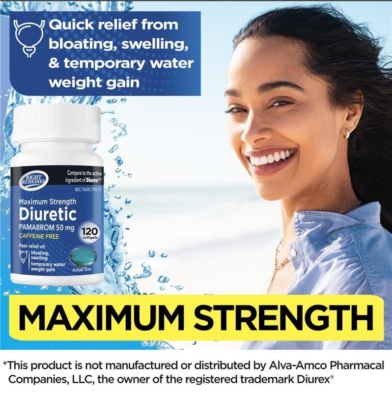 RIGHT REMEDIES Maximum Stärke Koffeinfreies Diuretikum Weichkapseln (120 Stück), Pamabrom 50mg, Hilft Schweregefühl durch Wassergewicht zu lindern