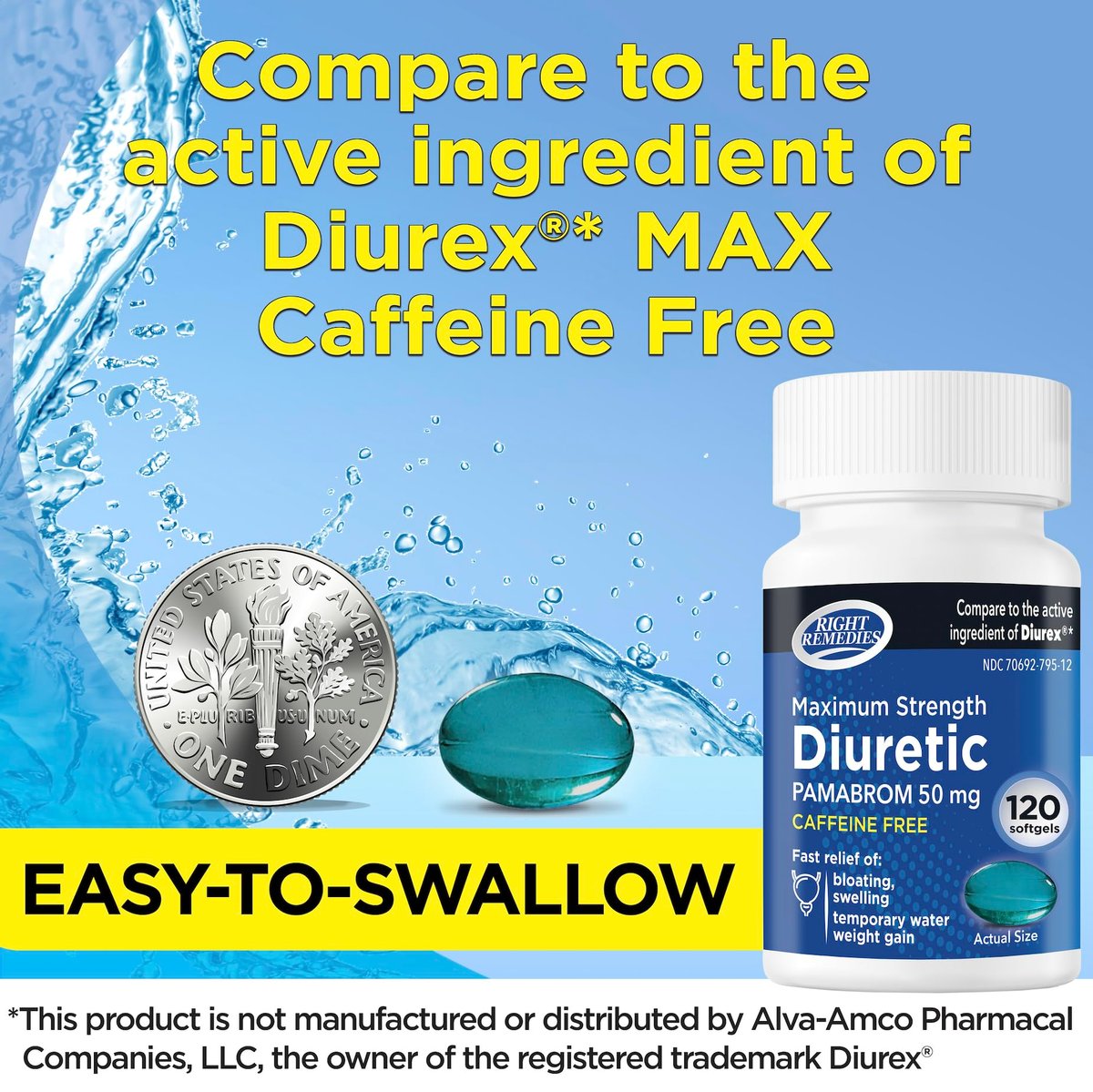 RIGHT REMEDIES Maximum Stärke Koffeinfreies Diuretikum Weichkapseln (120 Stück), Pamabrom 50mg, Hilft Schweregefühl durch Wassergewicht zu lindern