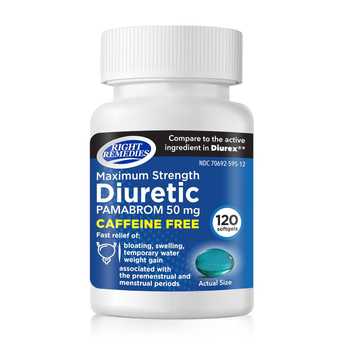 RIGHT REMEDIES Maximum Stärke Koffeinfreies Diuretikum Weichkapseln (120 Stück), Pamabrom 50mg, Hilft Schweregefühl durch Wassergewicht zu lindern