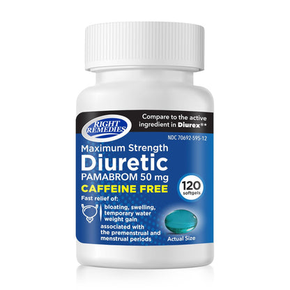 RIGHT REMEDIES Maximum Stärke Koffeinfreies Diuretikum Weichkapseln (120 Stück), Pamabrom 50mg, Hilft Schweregefühl durch Wassergewicht zu lindern