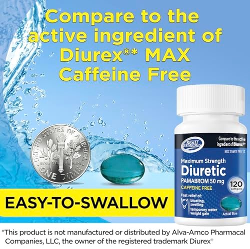 RIGHT REMEDIES Maximum Stärke Koffeinfreies Diuretikum Weichkapseln (120 Stück), Pamabrom 50mg, Hilft Schweregefühl durch Wassergewicht zu lindern