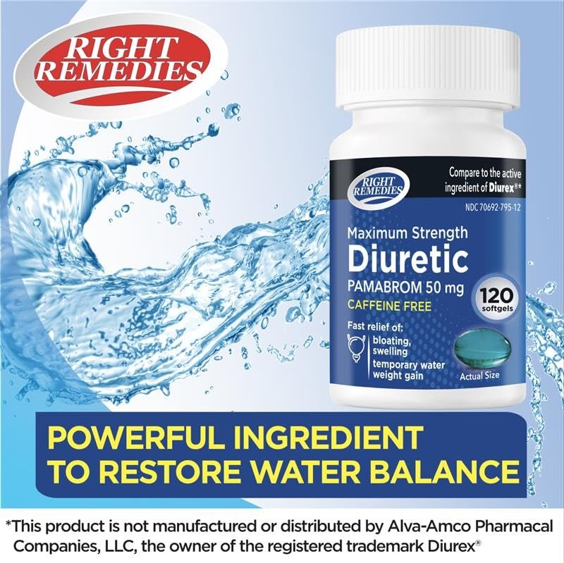 RIGHT REMEDIES Maximum Stärke Koffeinfreies Diuretikum Weichkapseln (120 Stück), Pamabrom 50mg, Hilft Schweregefühl durch Wassergewicht zu lindern