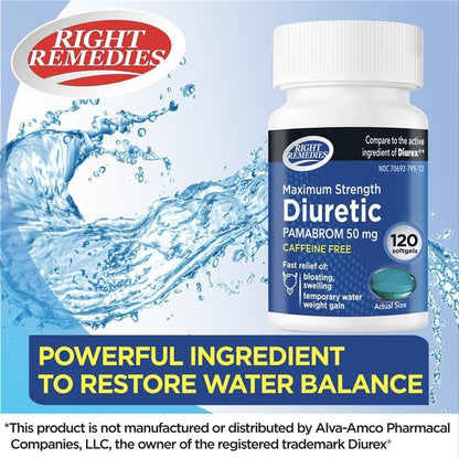 RIGHT REMEDIES Maximum Stärke Koffeinfreies Diuretikum Weichkapseln (120 Stück), Pamabrom 50mg, Hilft Schweregefühl durch Wassergewicht zu lindern