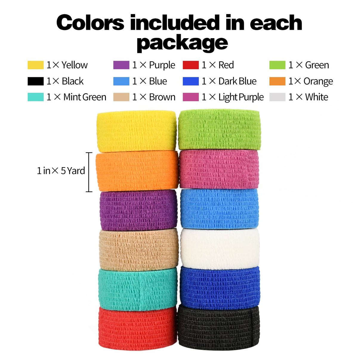 12er-Pack Selbstklebende Bandagenwickel, 2,5 cm x 4,6 m, Multicolor