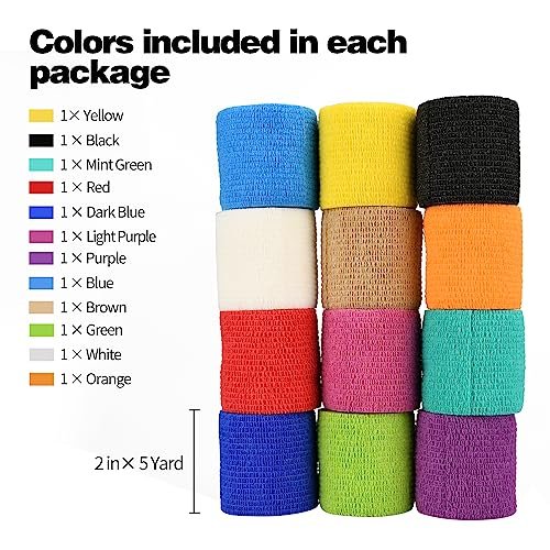 12er-Pack Selbstklebende Bandagenwickel, 5 cm x 4,5 m, Mehrfarbig
